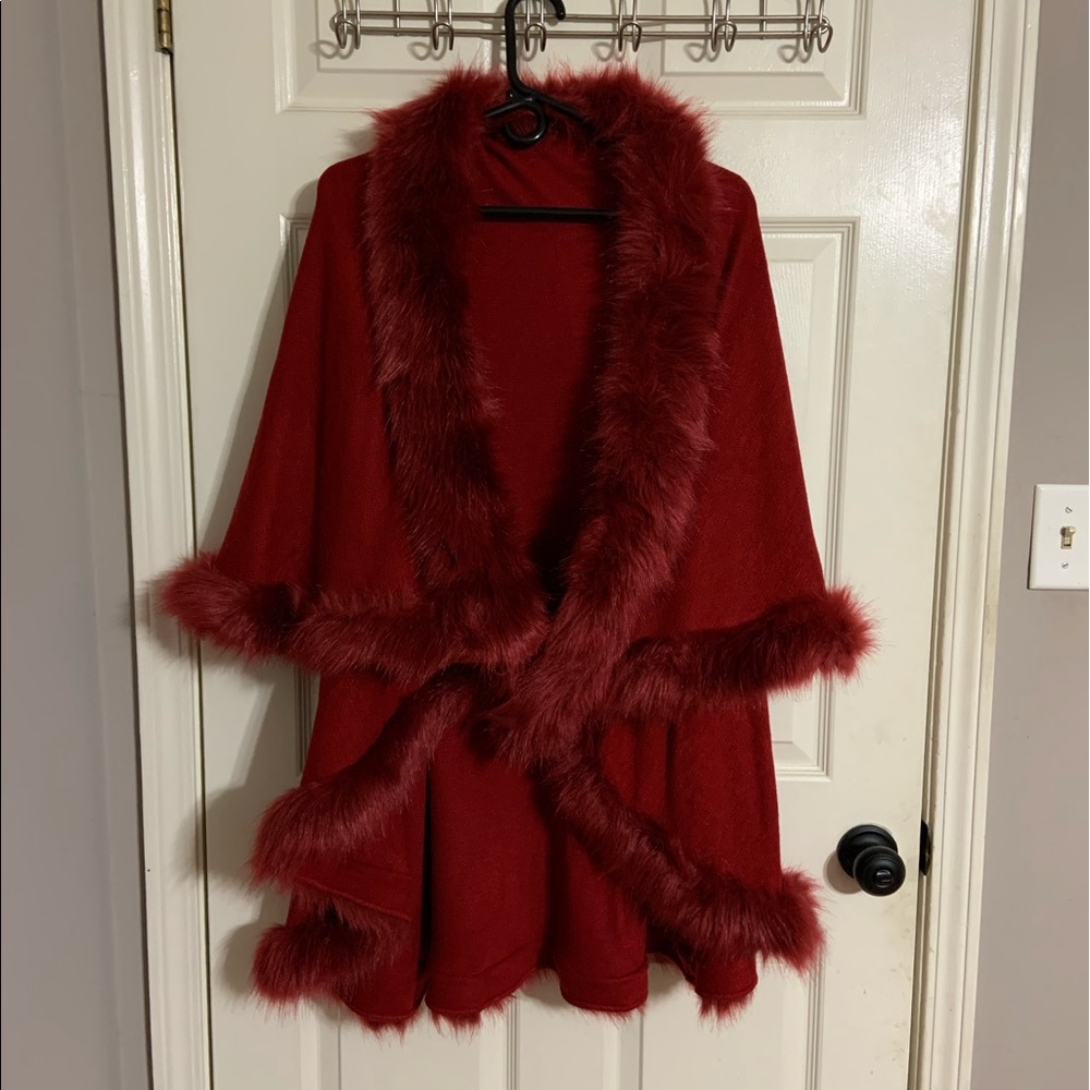 NEW faux fur red cape / poncho / throw over / coat